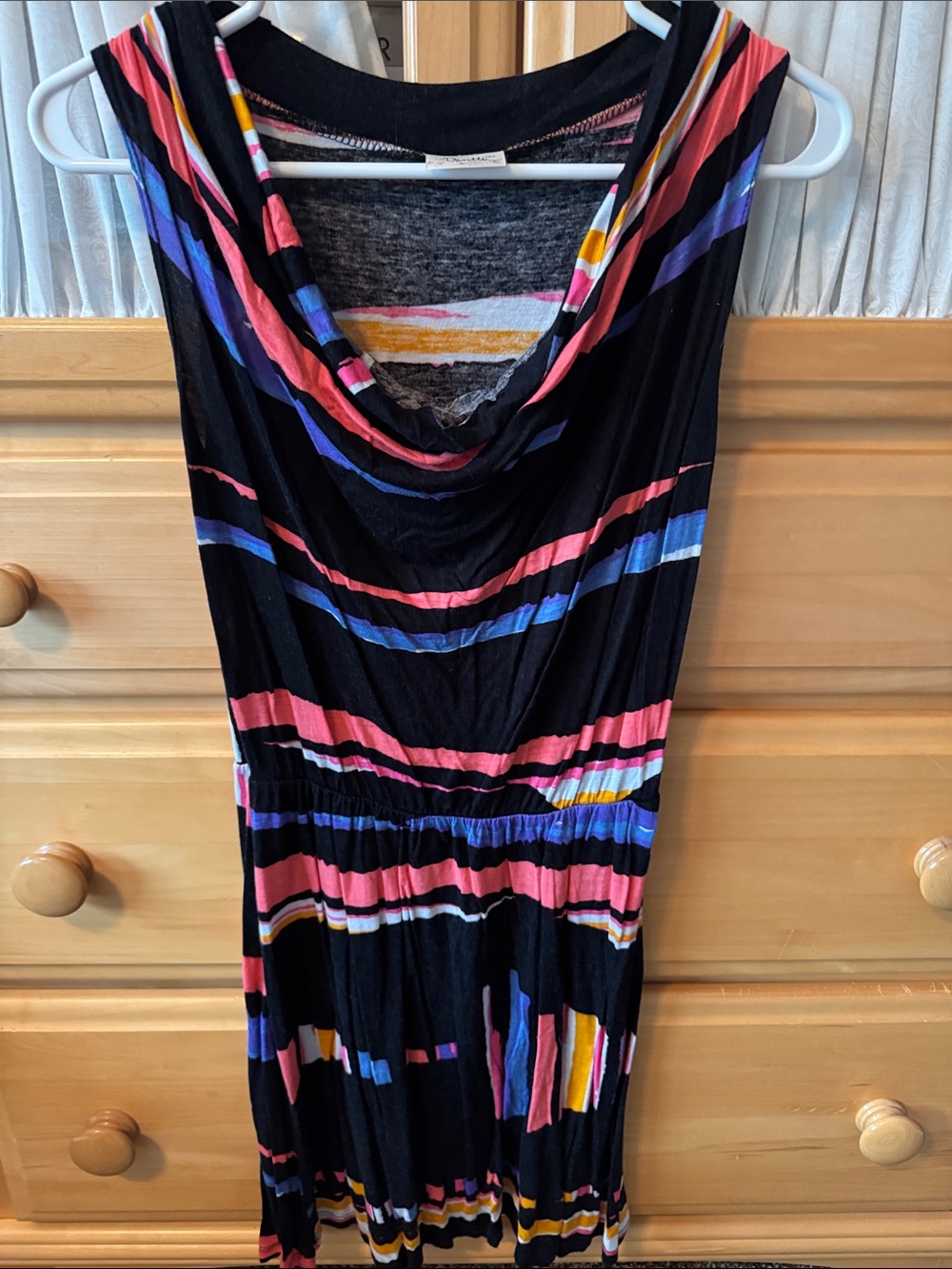 Ventti Black Sleeveless Midi Dress with Pink, Blue & Yellow Stripes